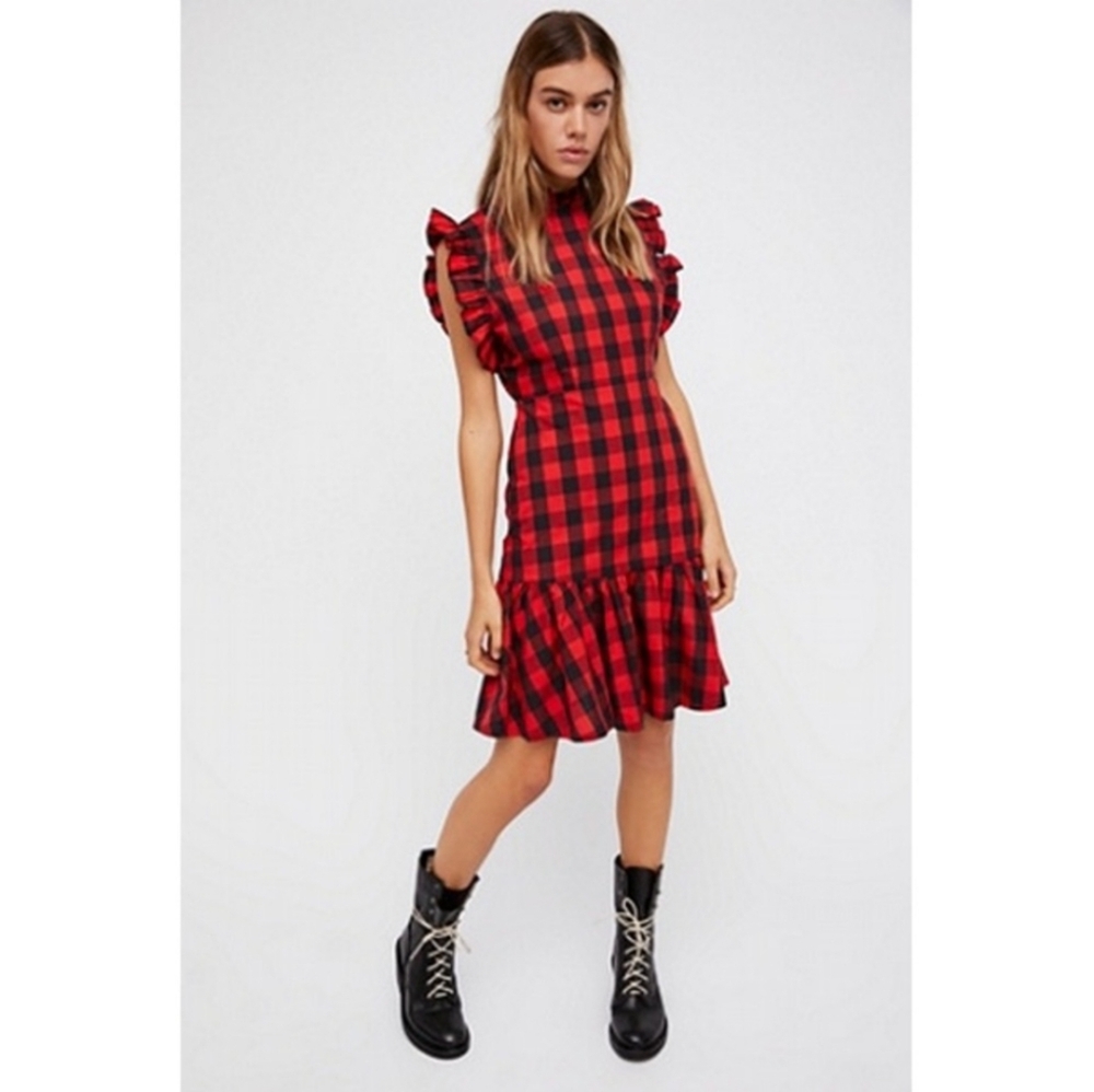 Vetiver Free People Buffalo Plaid Drop Waist Dress Women's 6 Poppy - Picture 2 of 5